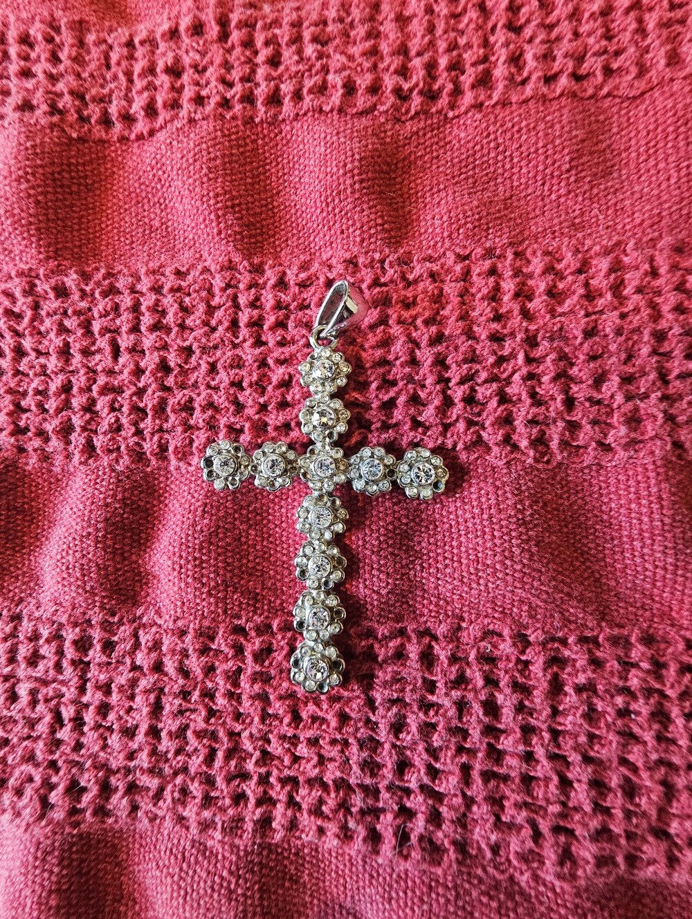 Silver Cross With Flower White Stones